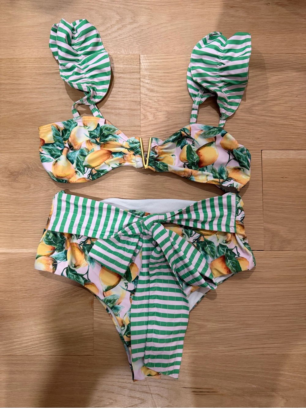 Lemon Print High-Waisted Bikini Set Size M Ruffle Strap Swimwear